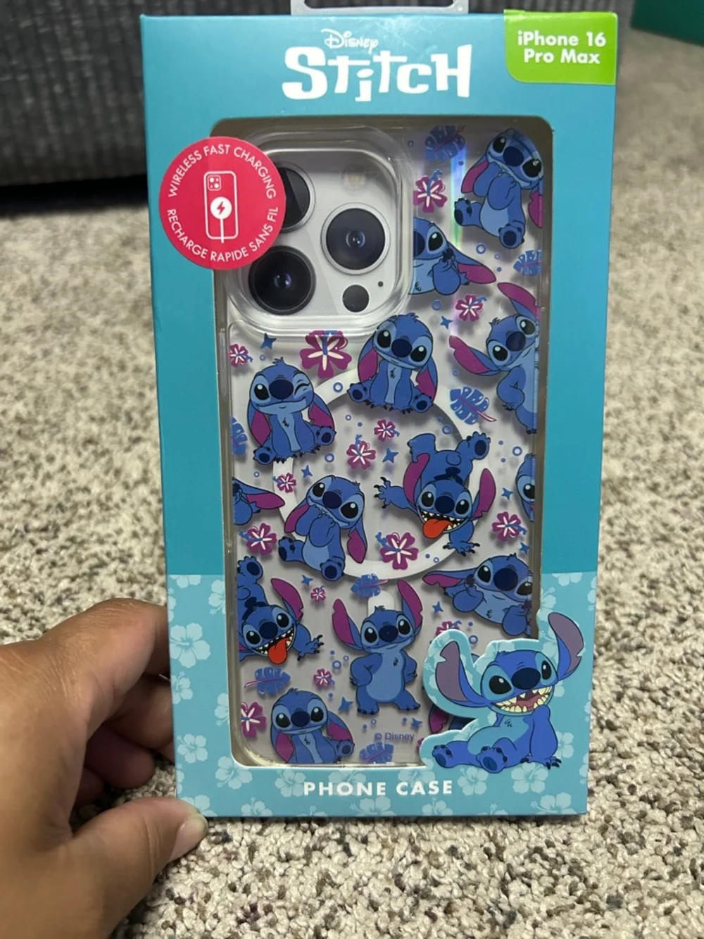 Disney Stitch Clear Phone Case with Blue & Pink Accents for iPhone 16 Pro Max